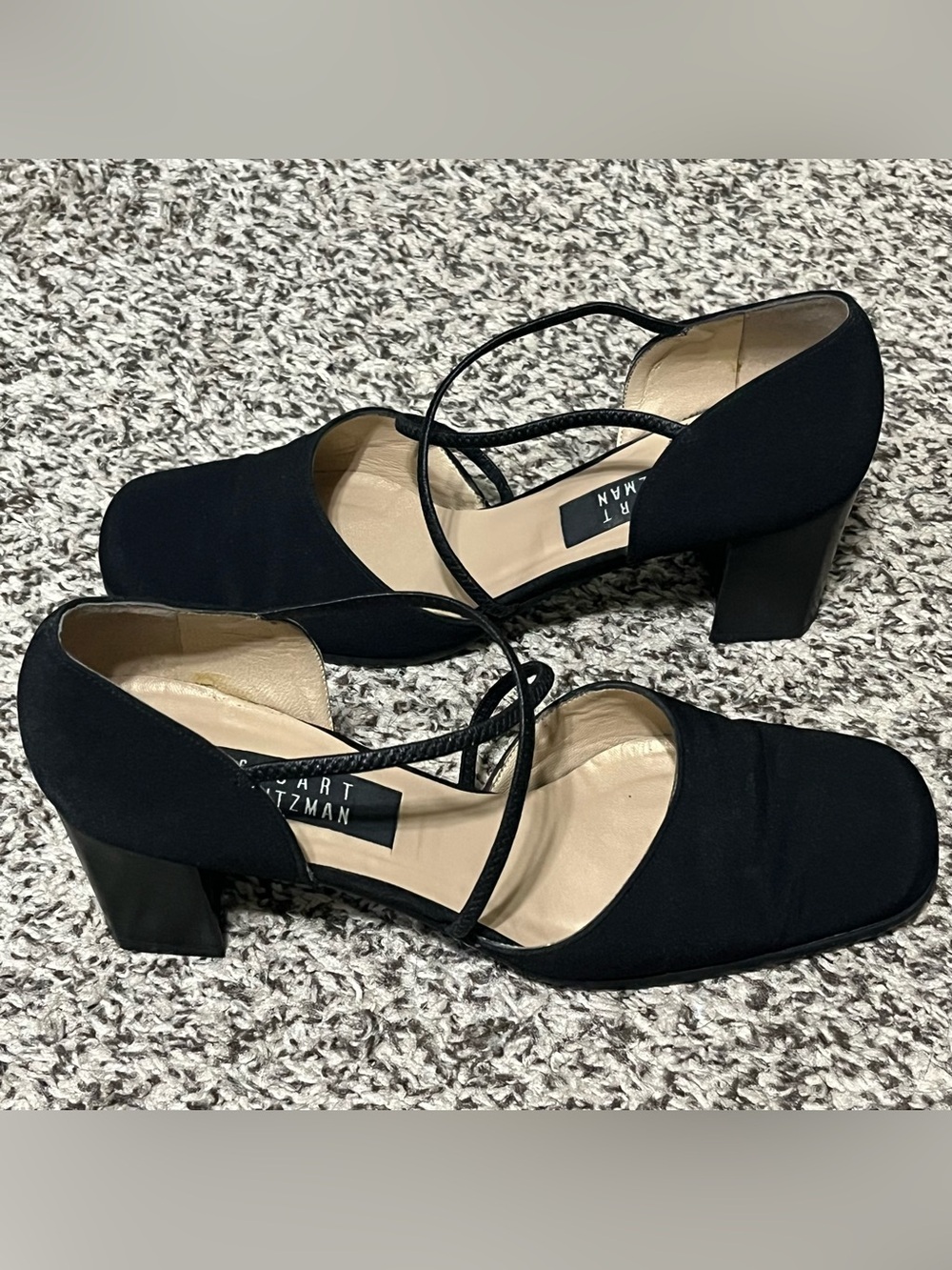 Stuart Weitzman Black Crepe Tensor Square-Toe Crisscross Block Heel Size 9